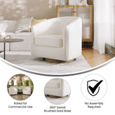Dean Club Style Commercial Barrel Accent Armchair with 360 Degree Swivel Metal Base and Sloped Armrests in Cream Boucle Upholstery