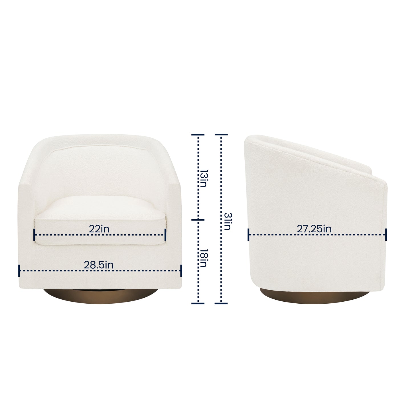 Dean Club Style Commercial Barrel Accent Armchair with 360 Degree Swivel Metal Base and Sloped Armrests in Cream Boucle Upholstery