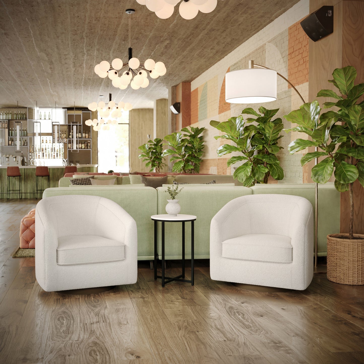 Dean Club Style Commercial Barrel Accent Armchair with 360 Degree Swivel Metal Base and Sloped Armrests in Cream Boucle Upholstery