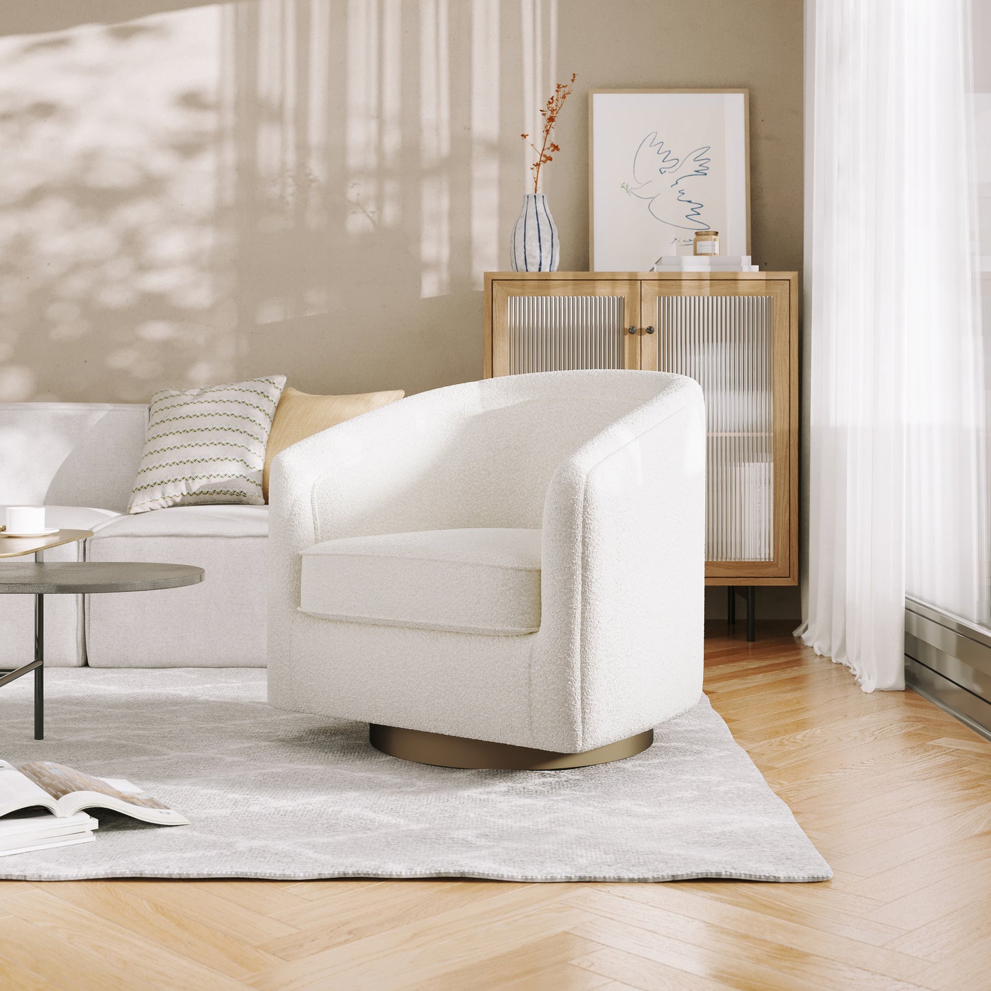 Dean Club Style Commercial Barrel Accent Armchair with 360 Degree Swivel Metal Base and Sloped Armrests in Cream Boucle Upholstery