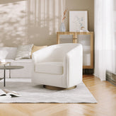 Dean Club Style Commercial Barrel Accent Armchair with 360 Degree Swivel Metal Base and Sloped Armrests in Cream Boucle Upholstery