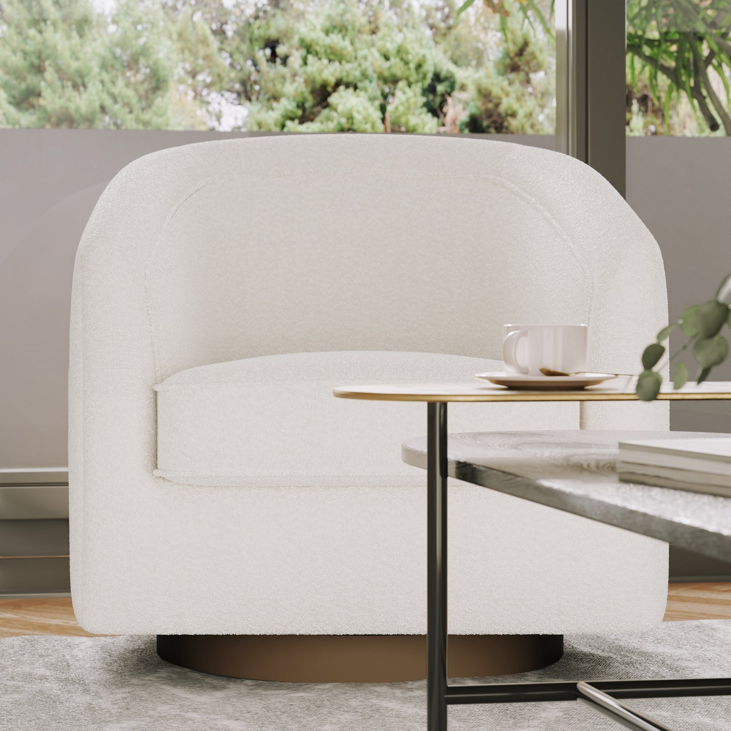 Dean Club Style Commercial Barrel Accent Armchair with 360 Degree Swivel Metal Base and Sloped Armrests in Cream Boucle Upholstery