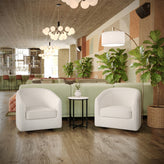 Dean Club Style Commercial Barrel Accent Armchair with 360 Degree Swivel Metal Base and Sloped Armrests in Cream Boucle Upholstery