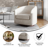 Dean Club Style Commercial Barrel Accent Armchair with 360 Degree Swivel Metal Base and Sloped Armrests in Cream Fabric Upholstery