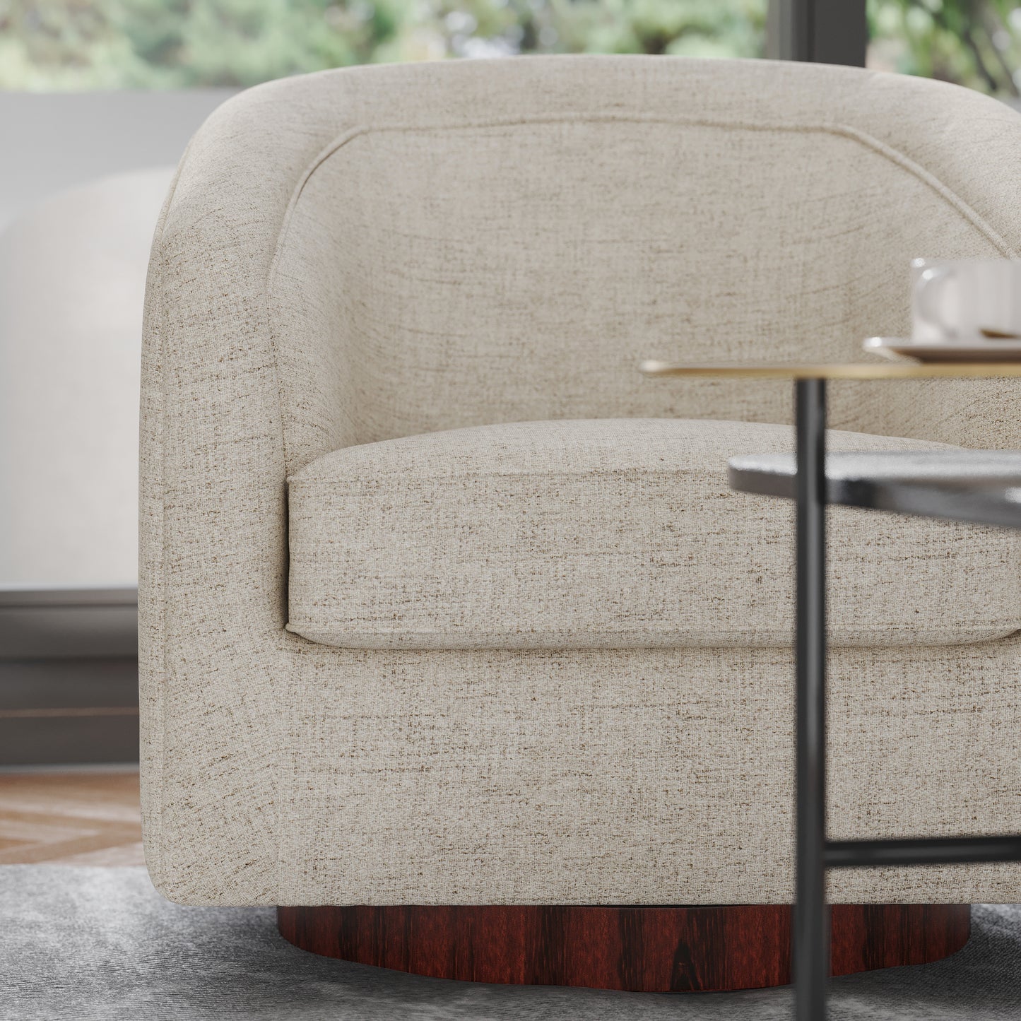 Dean Club Style Commercial Barrel Accent Armchair with 360 Degree Swivel Metal Base and Sloped Armrests in Cream Fabric Upholstery