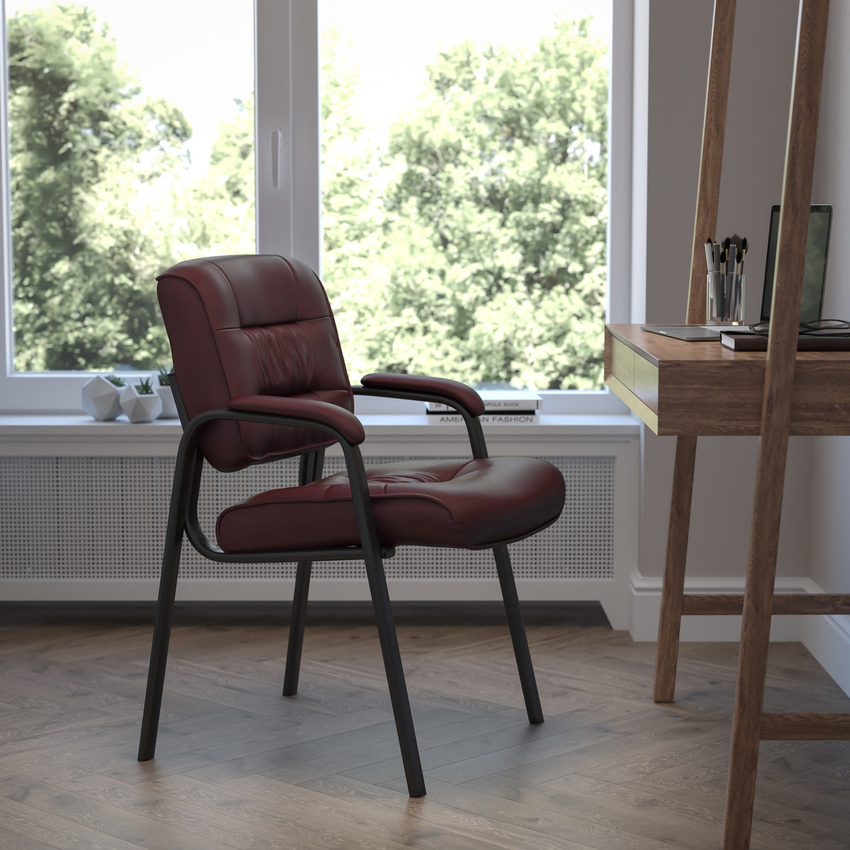 Haeger Burgundy LeatherSoft Executive Side Reception Chair with Black Metal Frame