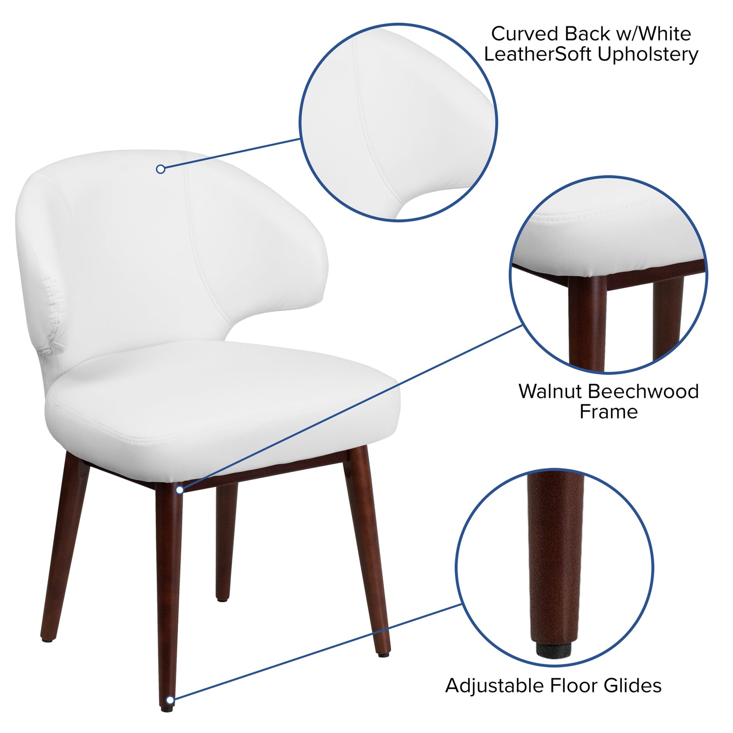 Comfort Back Series White LeatherSoft Side Reception Chair with Walnut Legs