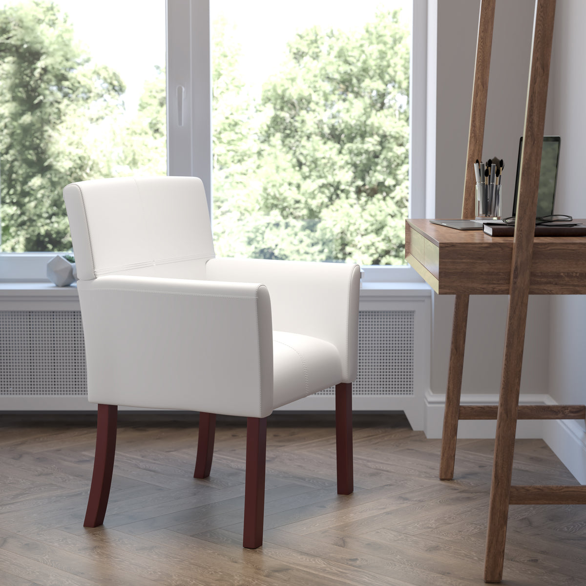 Taylor White LeatherSoft Executive Side Reception Chair with Mahogany Legs
