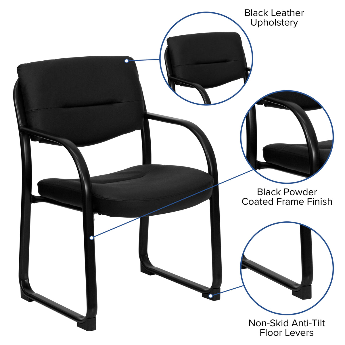 Donny Black LeatherSoft Executive Side Reception Chair with Sled Base