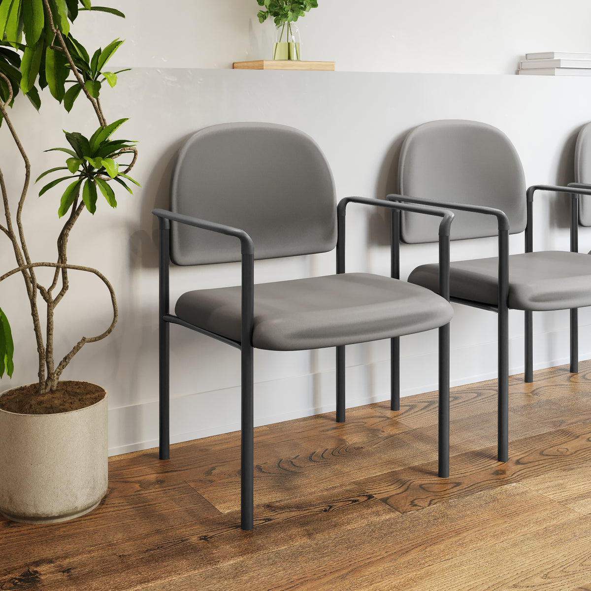 Tiffany Comfort Gray Vinyl Stackable Steel Side Reception Chair with Arms