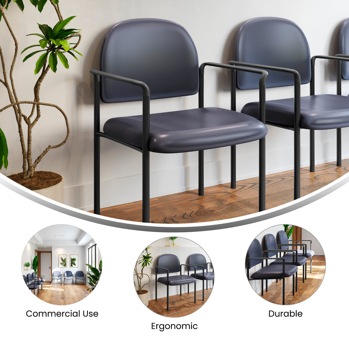 Tiffany Comfort Navy Vinyl Stackable Steel Side Reception Chair with Arms