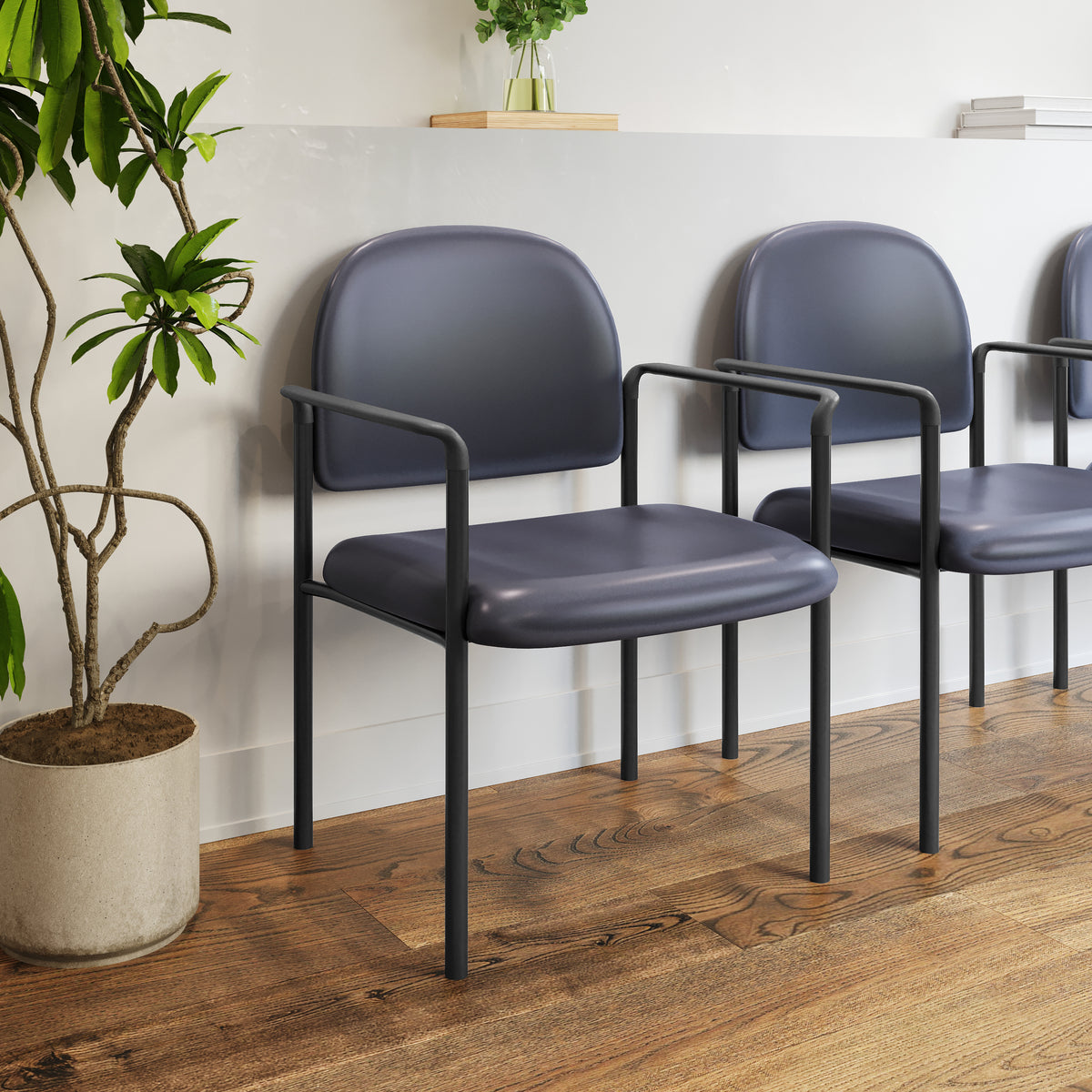 Tiffany Comfort Navy Vinyl Stackable Steel Side Reception Chair with Arms