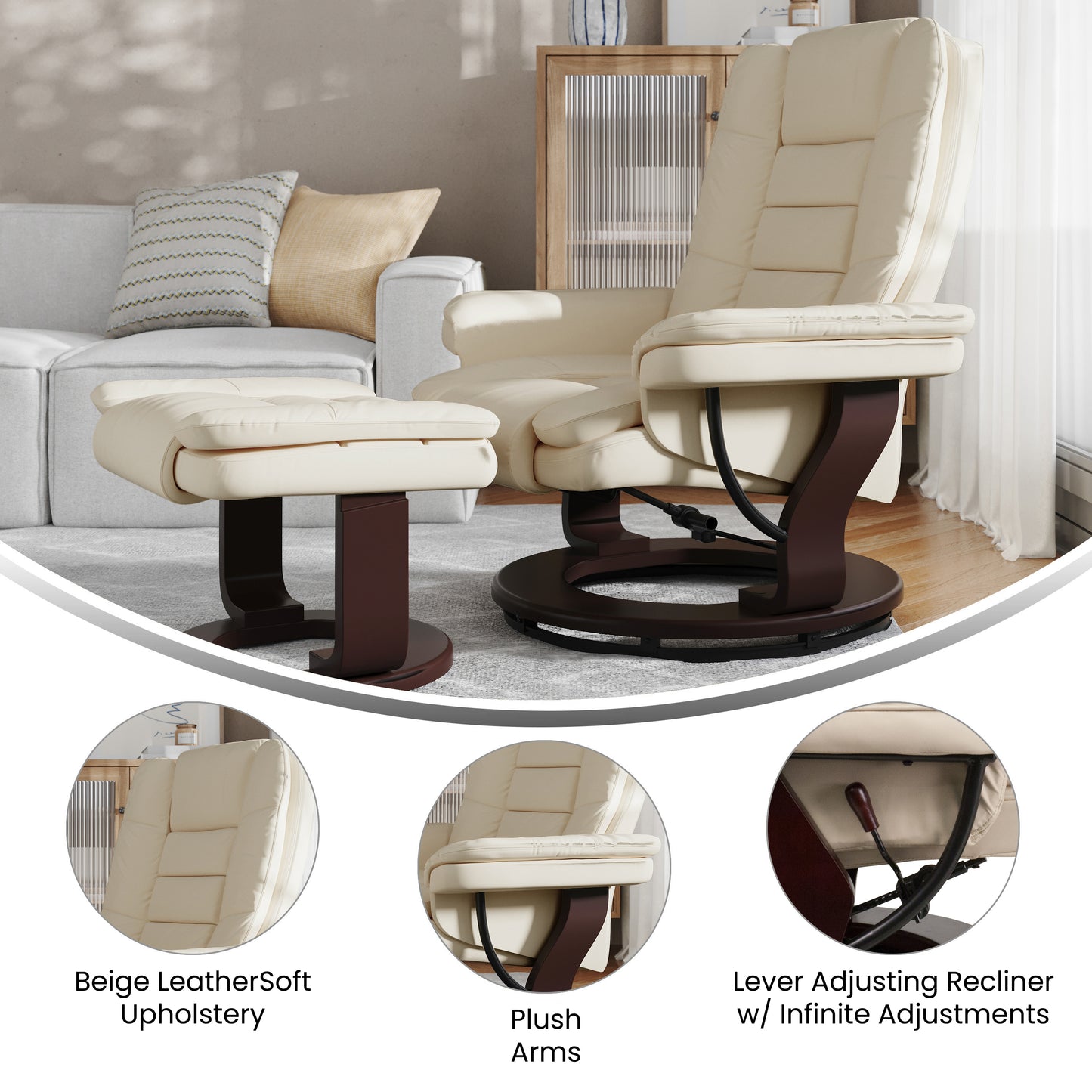 Bali Contemporary Multi-Position Recliner with Horizontal Stitching and Ottoman with Swivel Mahogany Wood Base in Beige LeatherSoft