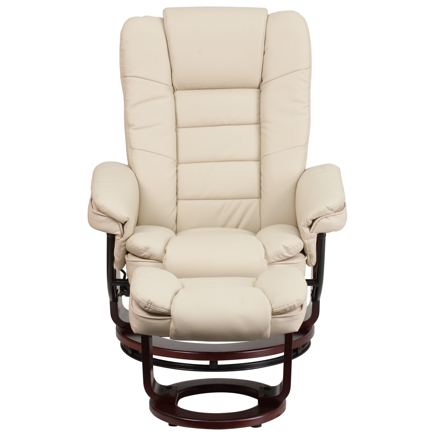 Bali Contemporary Multi-Position Recliner with Horizontal Stitching and Ottoman with Swivel Mahogany Wood Base in Beige LeatherSoft