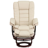Bali Contemporary Multi-Position Recliner with Horizontal Stitching and Ottoman with Swivel Mahogany Wood Base in Beige LeatherSoft