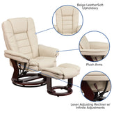 Bali Contemporary Multi-Position Recliner with Horizontal Stitching and Ottoman with Swivel Mahogany Wood Base in Beige LeatherSoft