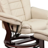 Bali Contemporary Multi-Position Recliner with Horizontal Stitching and Ottoman with Swivel Mahogany Wood Base in Beige LeatherSoft