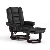 Bali Contemporary Multi-Position Recliner with Horizontal Stitching and Ottoman with Swivel Mahogany Wood Base in Black LeatherSoft