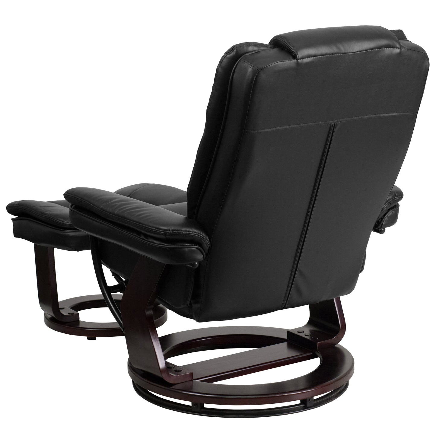 Bali Contemporary Multi-Position Recliner with Horizontal Stitching and Ottoman with Swivel Mahogany Wood Base in Black LeatherSoft