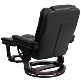 Bali Contemporary Multi-Position Recliner with Horizontal Stitching and Ottoman with Swivel Mahogany Wood Base in Black LeatherSoft
