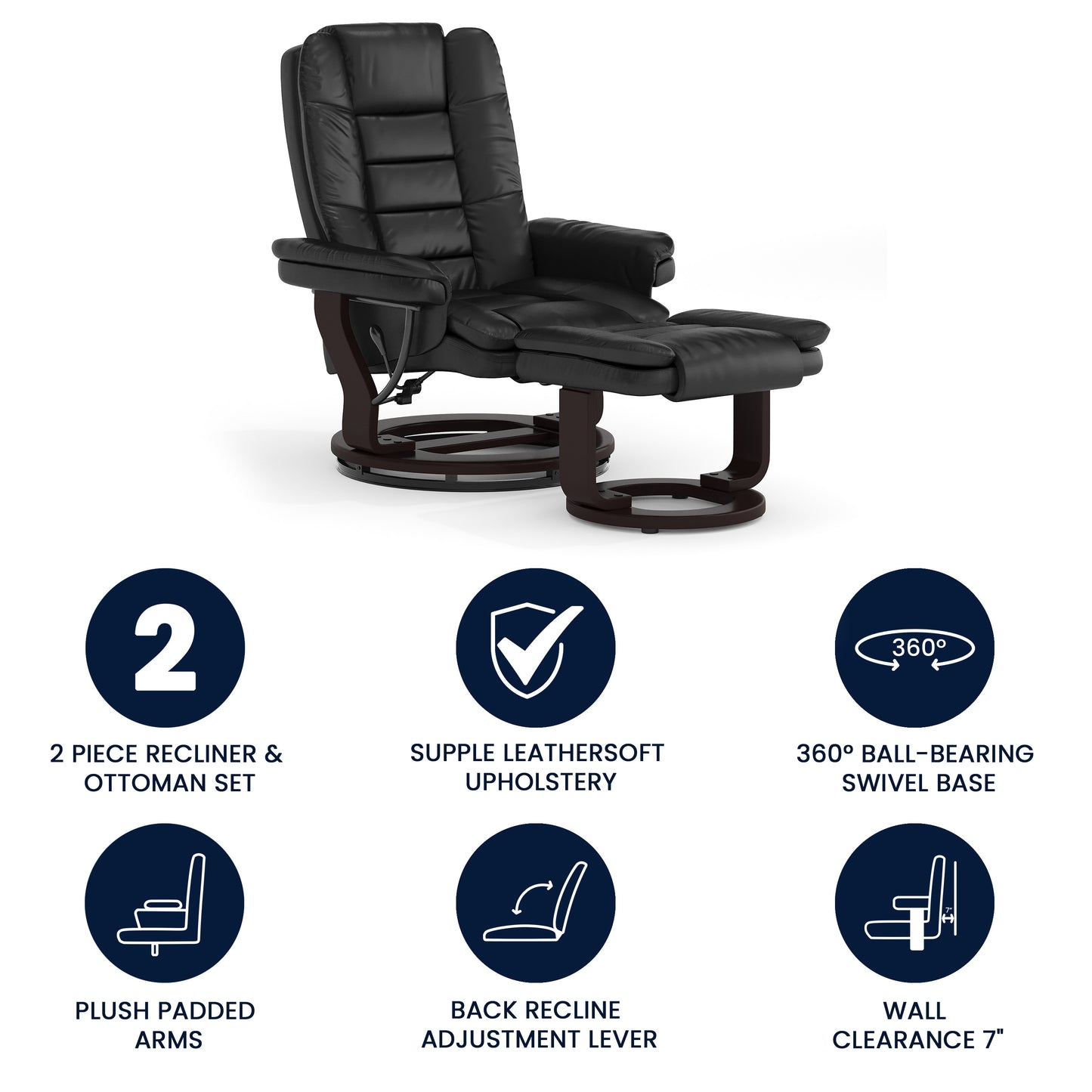 Bali Contemporary Multi-Position Recliner with Horizontal Stitching and Ottoman with Swivel Mahogany Wood Base in Black LeatherSoft