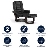 Bali Contemporary Multi-Position Recliner with Horizontal Stitching and Ottoman with Swivel Mahogany Wood Base in Black LeatherSoft
