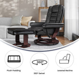 Bali Contemporary Multi-Position Recliner with Horizontal Stitching and Ottoman with Swivel Mahogany Wood Base in Black LeatherSoft