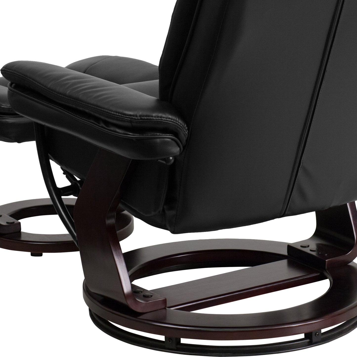 Bali Contemporary Multi-Position Recliner with Horizontal Stitching and Ottoman with Swivel Mahogany Wood Base in Black LeatherSoft