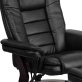 Bali Contemporary Multi-Position Recliner with Horizontal Stitching and Ottoman with Swivel Mahogany Wood Base in Black LeatherSoft