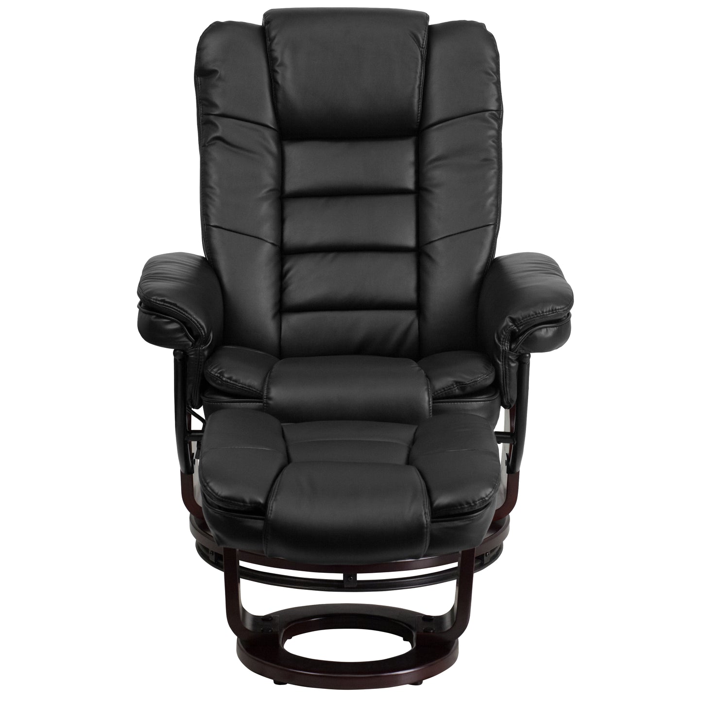 Bali Contemporary Multi-Position Recliner with Horizontal Stitching and Ottoman with Swivel Mahogany Wood Base in Black LeatherSoft