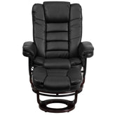Bali Contemporary Multi-Position Recliner with Horizontal Stitching and Ottoman with Swivel Mahogany Wood Base in Black LeatherSoft