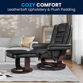Bali Contemporary Multi-Position Recliner with Horizontal Stitching and Ottoman with Swivel Mahogany Wood Base in Black LeatherSoft
