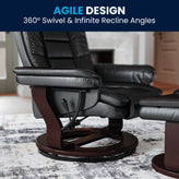 Bali Contemporary Multi-Position Recliner with Horizontal Stitching and Ottoman with Swivel Mahogany Wood Base in Black LeatherSoft