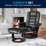 Bali Contemporary Multi-Position Recliner with Horizontal Stitching and Ottoman with Swivel Mahogany Wood Base in Black LeatherSoft
