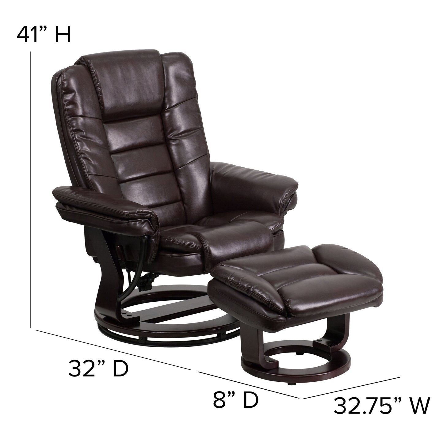 Bali Contemporary Multi-Position Recliner with Horizontal Stitching and Ottoman with Swivel Mahogany Wood Base in Brown LeatherSoft