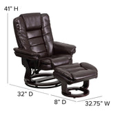 Bali Contemporary Multi-Position Recliner with Horizontal Stitching and Ottoman with Swivel Mahogany Wood Base in Brown LeatherSoft