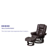 Bali Contemporary Multi-Position Recliner with Horizontal Stitching and Ottoman with Swivel Mahogany Wood Base in Brown LeatherSoft