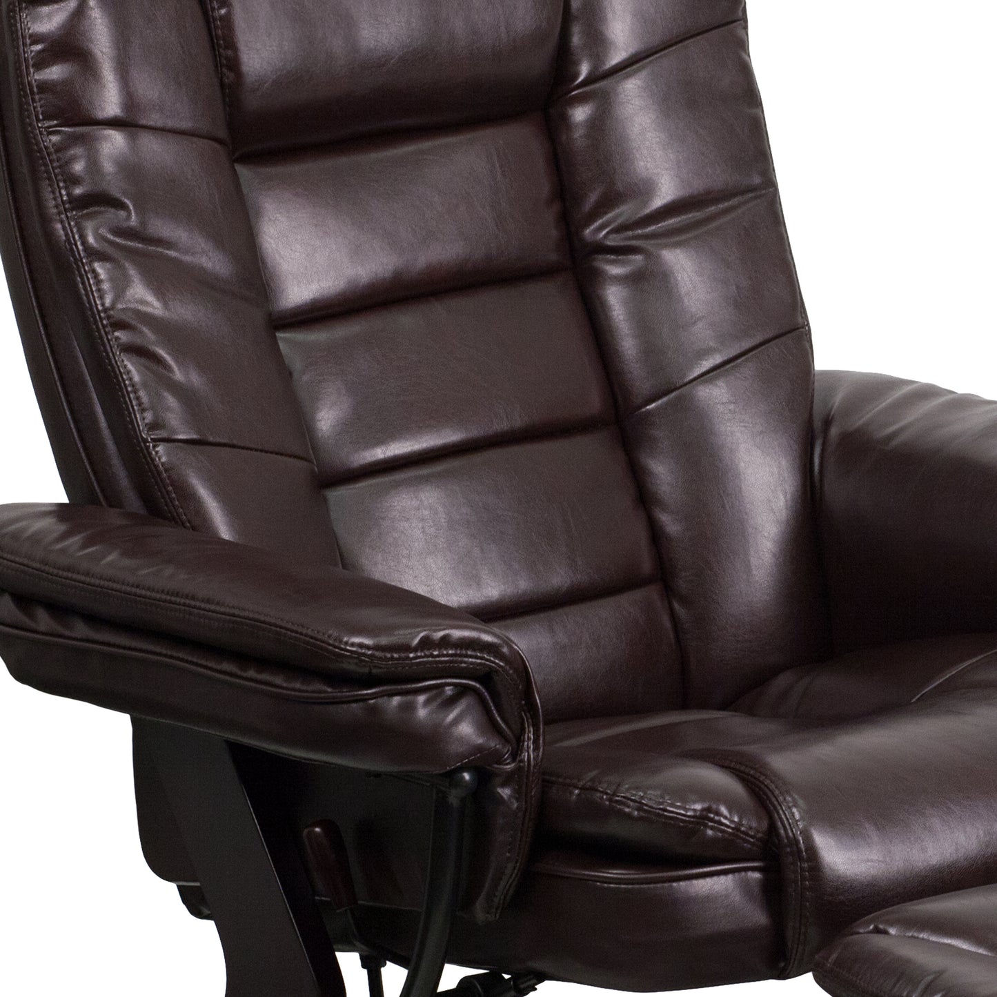 Bali Contemporary Multi-Position Recliner with Horizontal Stitching and Ottoman with Swivel Mahogany Wood Base in Brown LeatherSoft