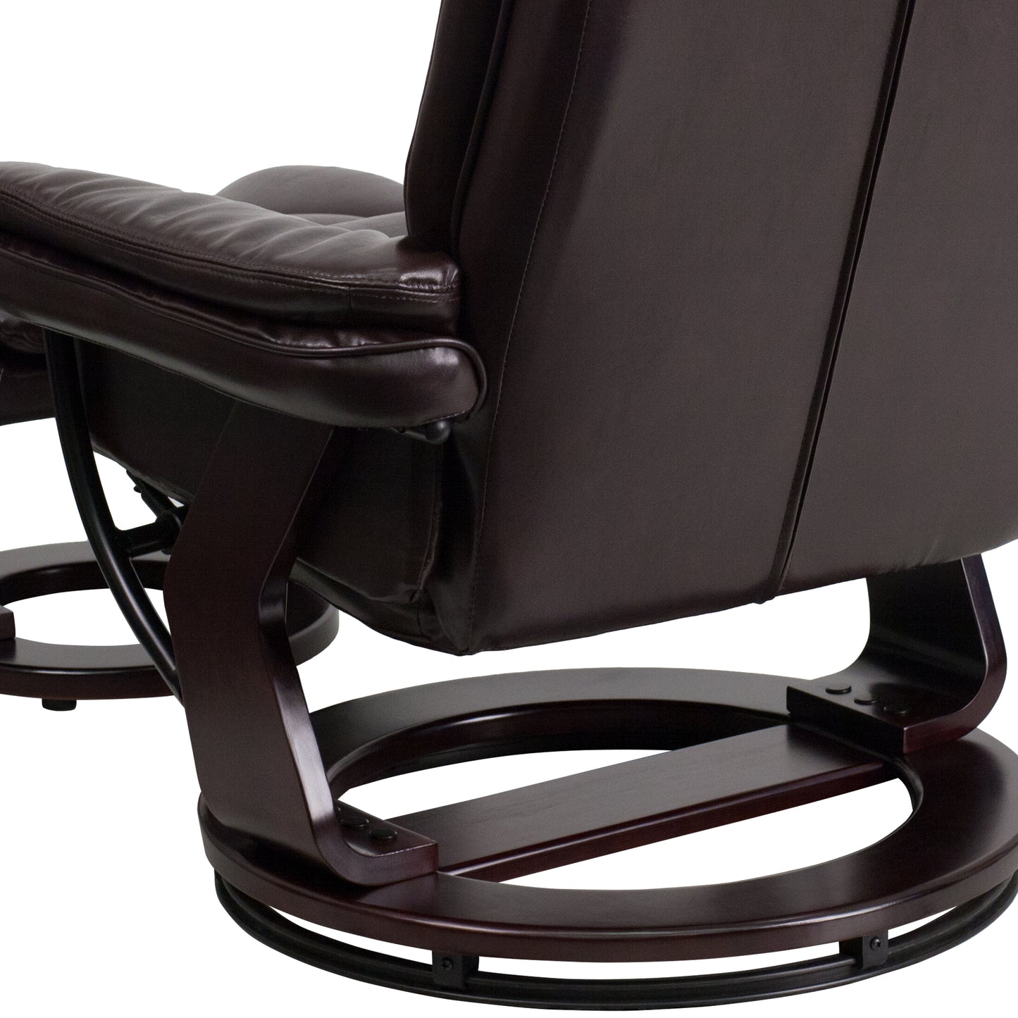Bali Contemporary Multi-Position Recliner with Horizontal Stitching and Ottoman with Swivel Mahogany Wood Base in Brown LeatherSoft