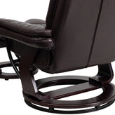 Bali Contemporary Multi-Position Recliner with Horizontal Stitching and Ottoman with Swivel Mahogany Wood Base in Brown LeatherSoft