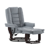 Bali Contemporary Multi-Position Recliner with Horizontal Stitching and Ottoman with Swivel Mahogany Wood Base in Gray LeatherSoft