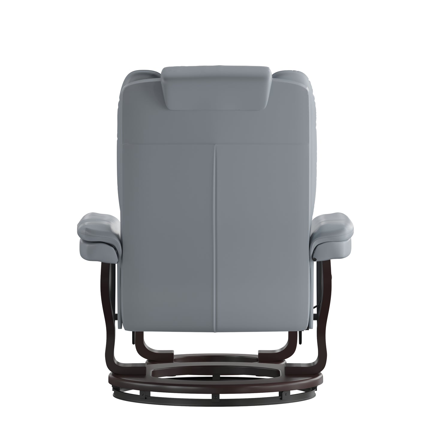 Bali Contemporary Multi-Position Recliner with Horizontal Stitching and Ottoman with Swivel Mahogany Wood Base in Gray LeatherSoft