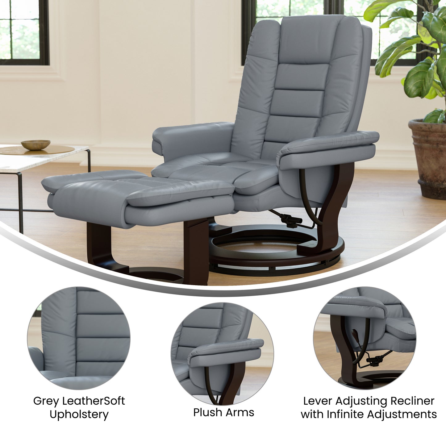 Bali Contemporary Multi-Position Recliner with Horizontal Stitching and Ottoman with Swivel Mahogany Wood Base in Gray LeatherSoft
