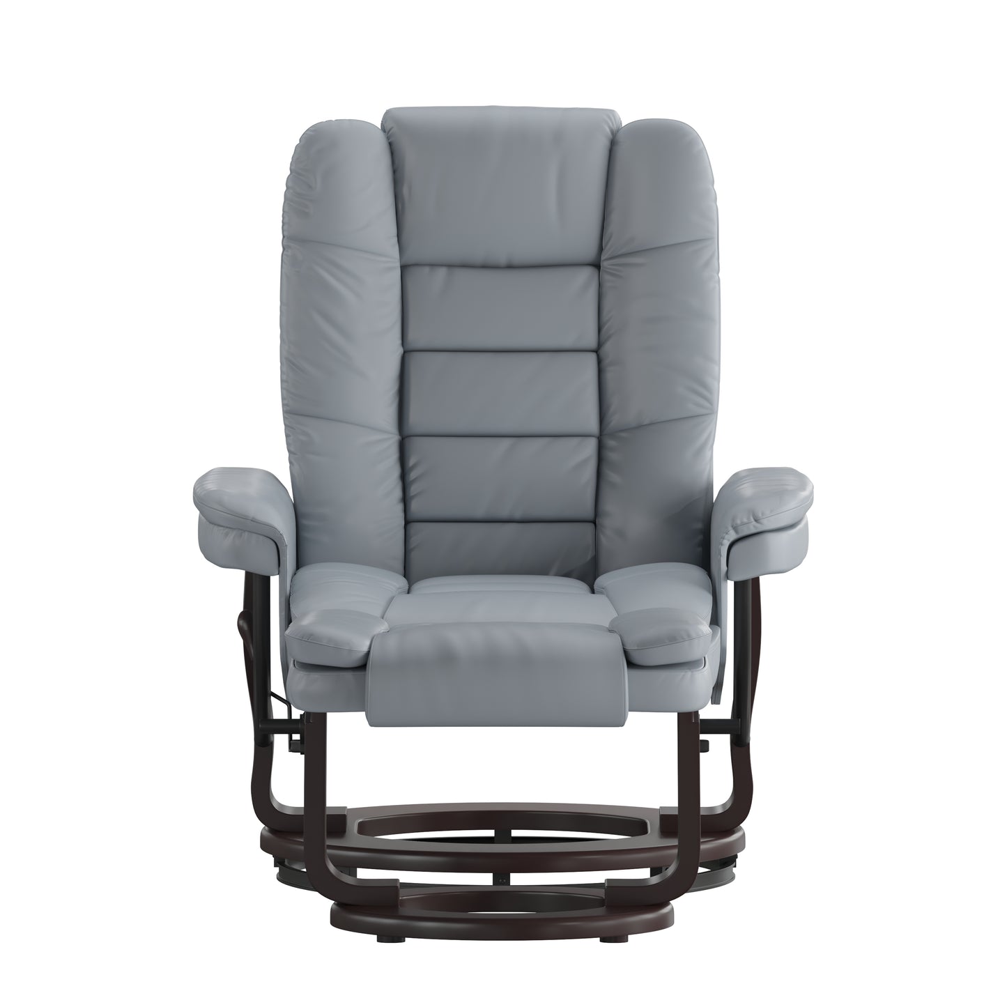 Bali Contemporary Multi-Position Recliner with Horizontal Stitching and Ottoman with Swivel Mahogany Wood Base in Gray LeatherSoft