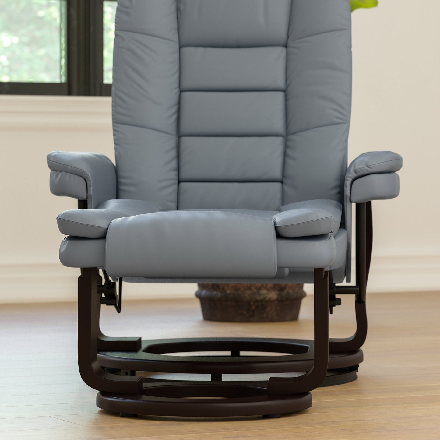 Bali Contemporary Multi-Position Recliner with Horizontal Stitching and Ottoman with Swivel Mahogany Wood Base in Gray LeatherSoft