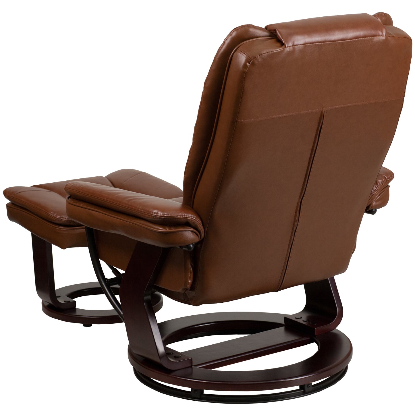 Bali Contemporary Multi-Position Recliner with Horizontal Stitching and Ottoman with Swivel Mahogany Wood Base in Brown Vintage Leather