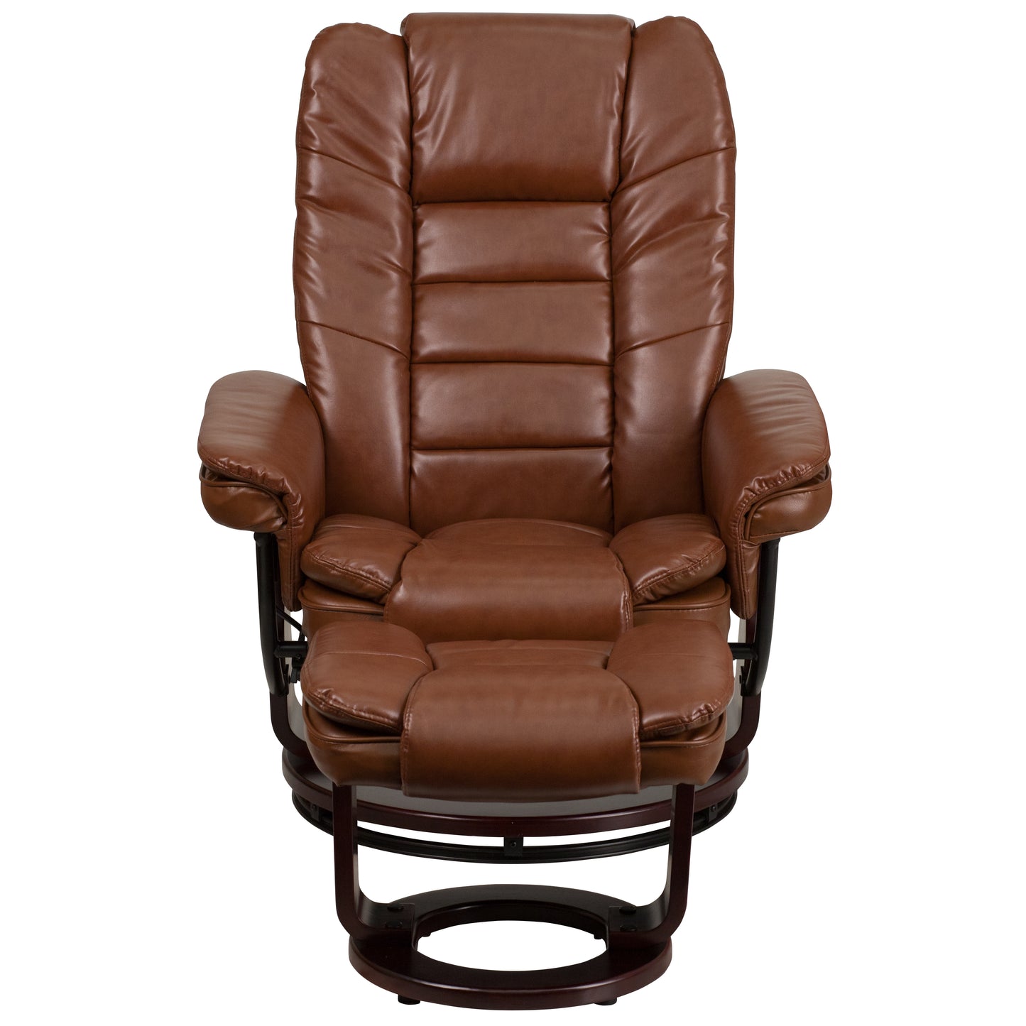 Bali Contemporary Multi-Position Recliner with Horizontal Stitching and Ottoman with Swivel Mahogany Wood Base in Brown Vintage Leather