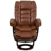 Bali Contemporary Multi-Position Recliner with Horizontal Stitching and Ottoman with Swivel Mahogany Wood Base in Brown Vintage Leather