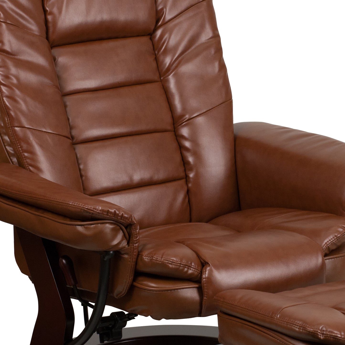 Bali Contemporary Multi-Position Recliner with Horizontal Stitching and Ottoman with Swivel Mahogany Wood Base in Brown Vintage Leather