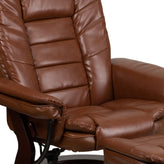 Bali Contemporary Multi-Position Recliner with Horizontal Stitching and Ottoman with Swivel Mahogany Wood Base in Brown Vintage Leather